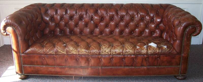 Chesterfield seat reupholstered — before